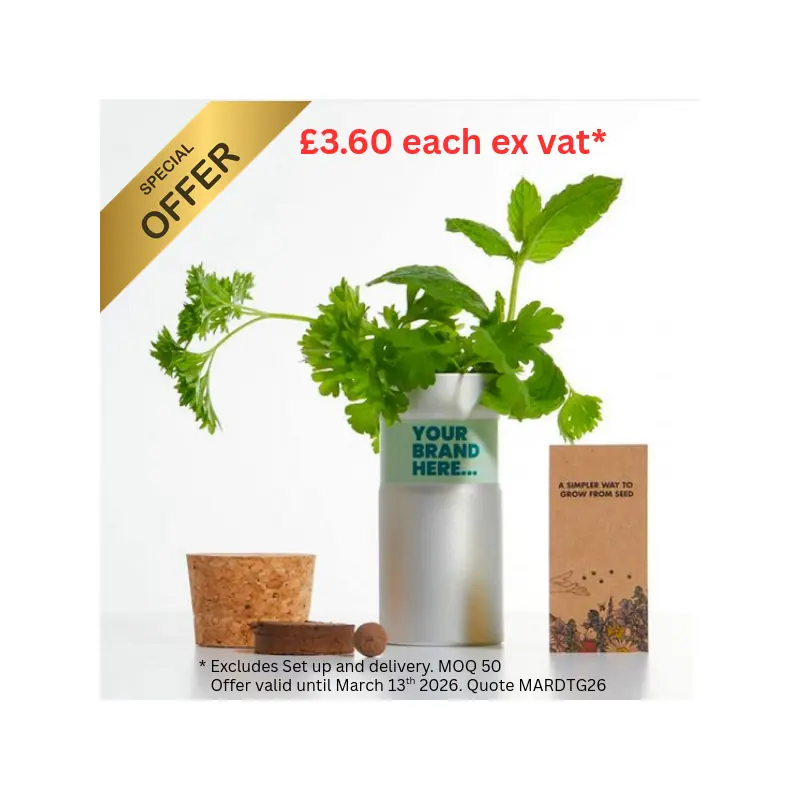Desktop Garden Bee Mix_800x800 Desktop garden showing aluminium tube, cork stopper, coir pellet and kraft packing box. Special offer £3.60 each.