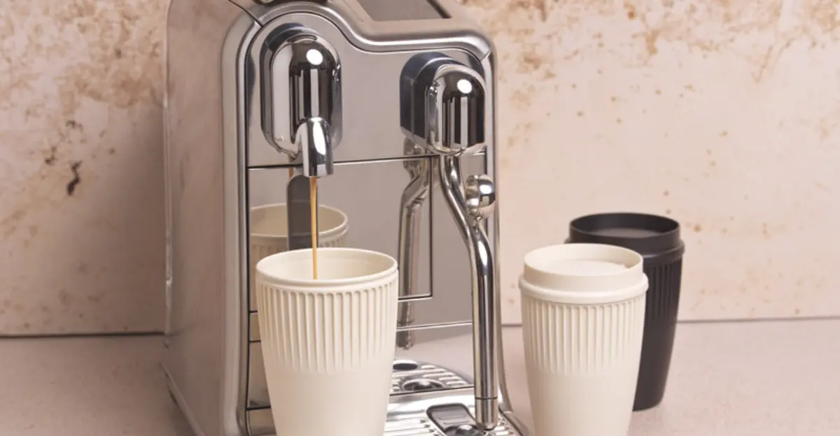 Cirrus mug with chrome coffee machine. Mug is being filled with coffee.